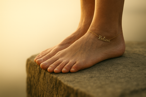 Bare feet at the edge of a stone threshold, with an ankle bracelet reading “Believe.”
